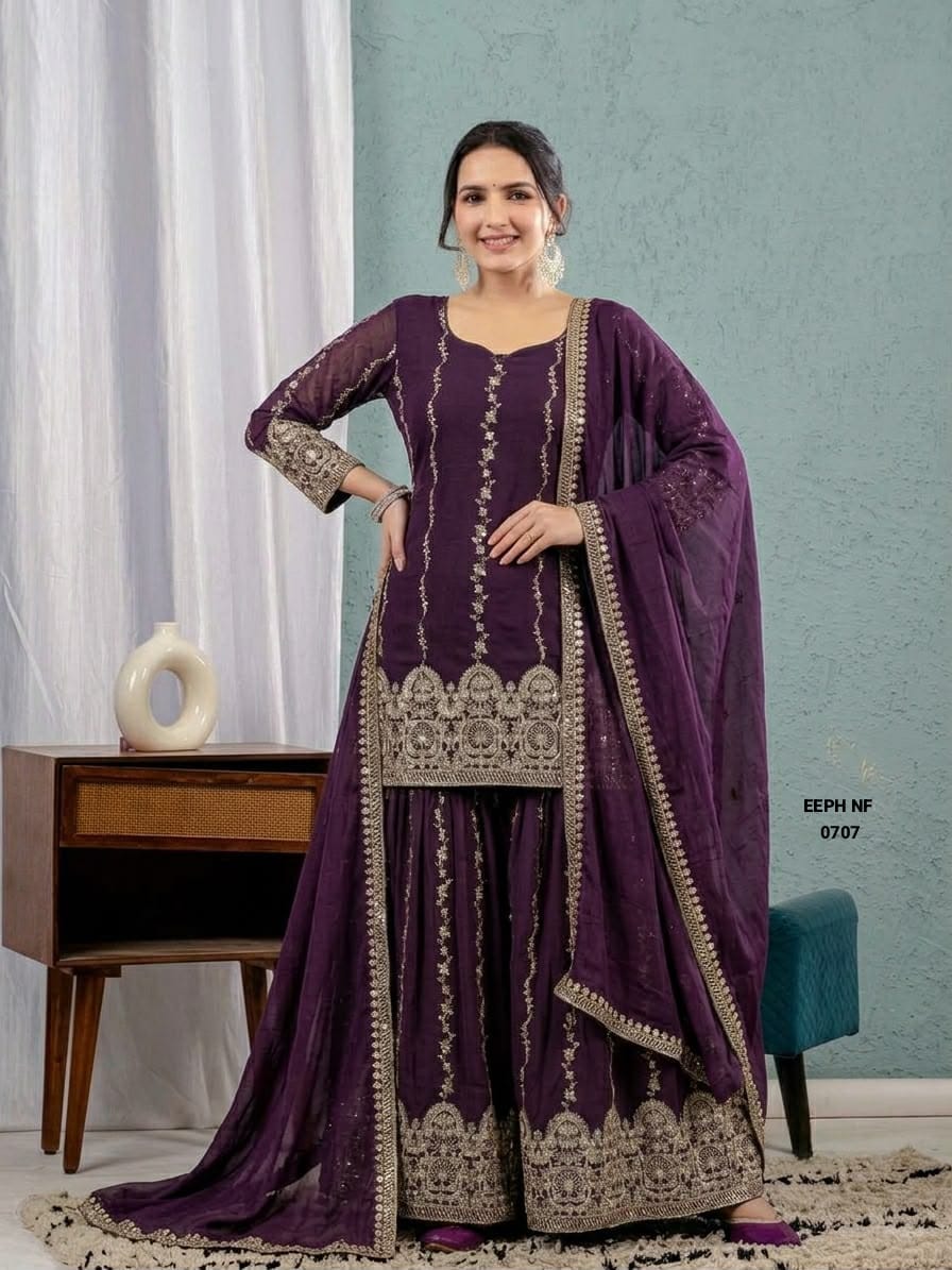 Faux Georgette Embroidered Sharara Suit Set.